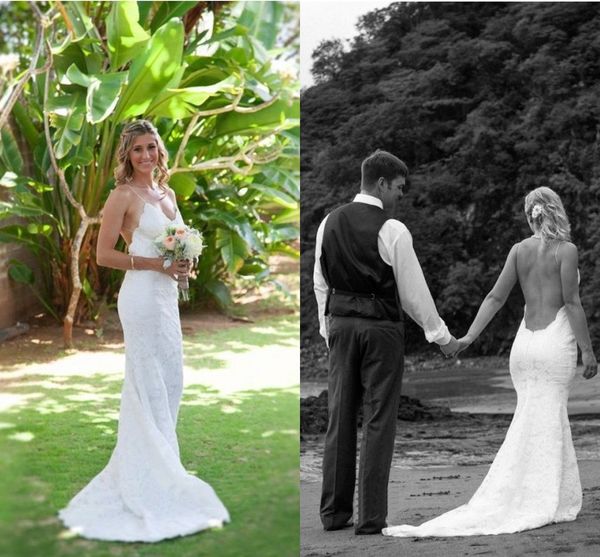 

Romantic Sexy Backless Beach Chiffon Lace Wedding Dresses 2017 Spaghetti Strap Lace Wedding Bride Dress Robe De Mariage