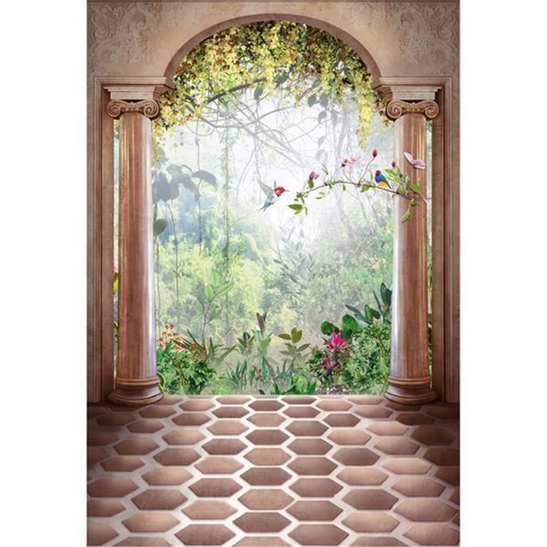 Sfondo fotografico di matrimonio con porta ad arco del castello vintage, uccelli colorati, alberi, fiori, foresta all'aperto, scenico, per bambini, sfondo fotografico in vinile