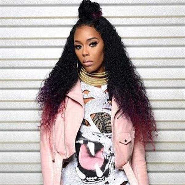 

peruvian burgundy ombre human hair wig glueless hair lace front wig 1b/99j kinky curly full lace wig with baby hair, Black;brown