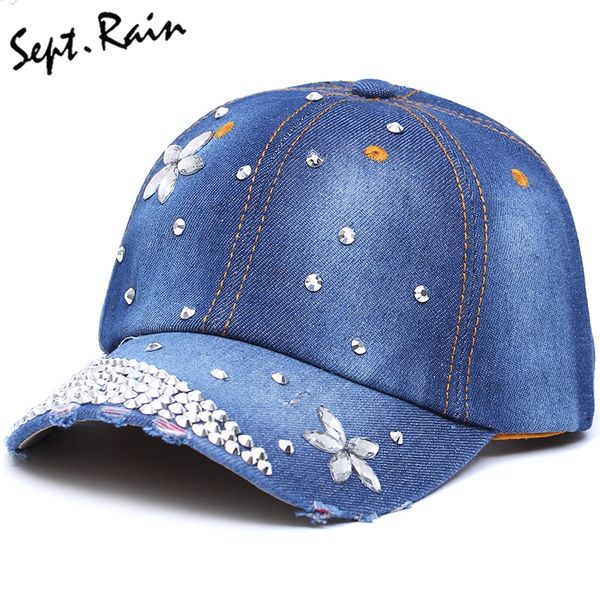 

wholesale- [sept.rain] the most 2017 new fashion rhinestone hats adjustable women diamond flowers baseball cap summer style lady jeans ha, Blue;gray