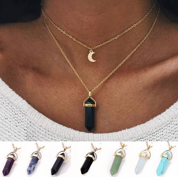 

collar jewelry fashion double gold statement chain opal agate turquoise moon choker necklaces women collar jewelry hz, Golden;silver