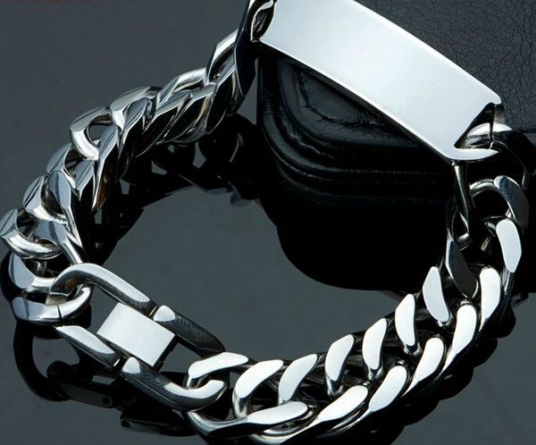 

polished silver tone biker stainless steel fashion men's jewelry large huge 15mm 8.8 inch great curb chain bracelet id bracelet, Black