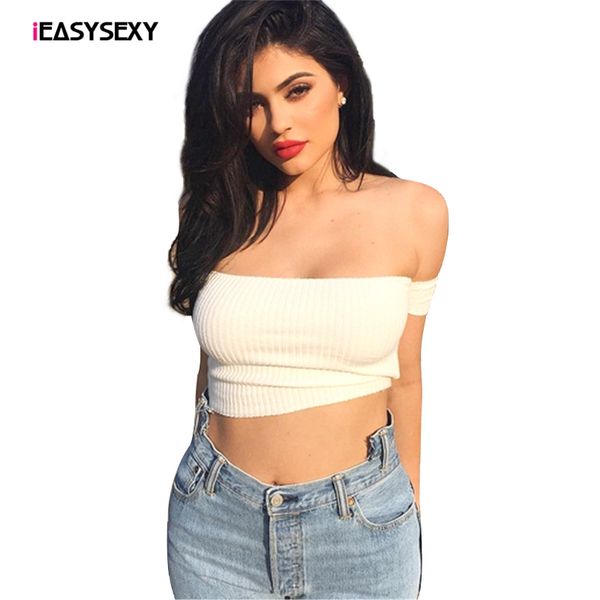 

wholesale- ieasy2017 new casual knitted t shirt black white off shoulder t-shirt fashion kyliejenner crop tee shirt femme