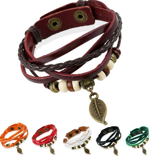 

new woven vintage leaf pendant leather strap personalized leather bracelet fb065 mix order 20 pieces a lot charm bracelets, Golden;silver