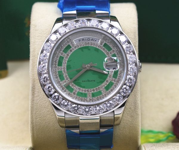 

luxury mens 18038 18k yellow gold day-date diamond dial and bezel green automatic movement mens watch men's wrist watches, Slivery;brown