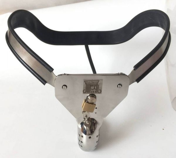 Dispositivos de castidade masculinos em forma de T Cinto de cintura curva de aço inoxidável ajustável com tampa de gaiola de buraco Brinquedos sexuais BDSM