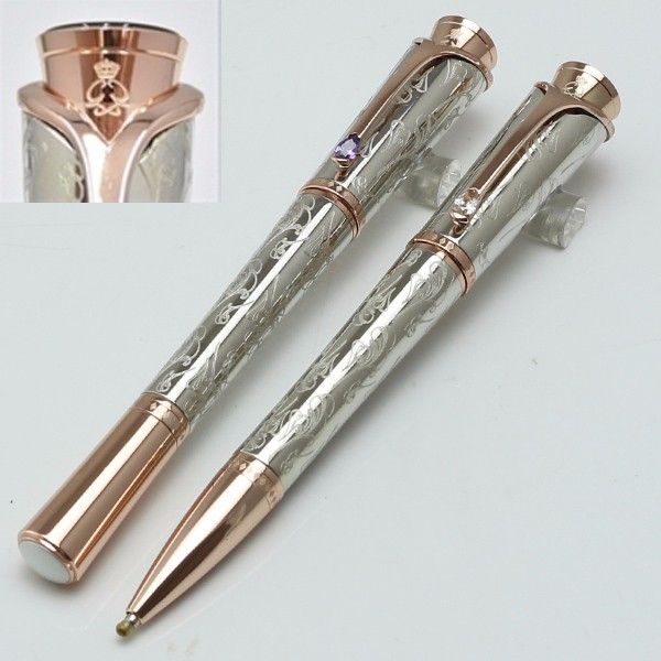 

high-quality princesse grace silver flower carving monte roller ball pen with gem stationery office school supplies writing pens, Blue;orange