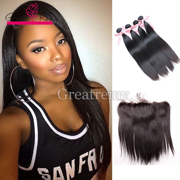 

4pcs peruvian straight hair bundles with 1pc 13x2 lace frontal closure greatremy mink virgin human hair extensions with ear to ear frontal, Black