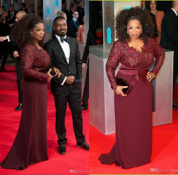 

oprah winfrey burgundy plus size mother of the bride dresses sheath v-neck sheer lace celebrity red carpet party dresses, Black;red