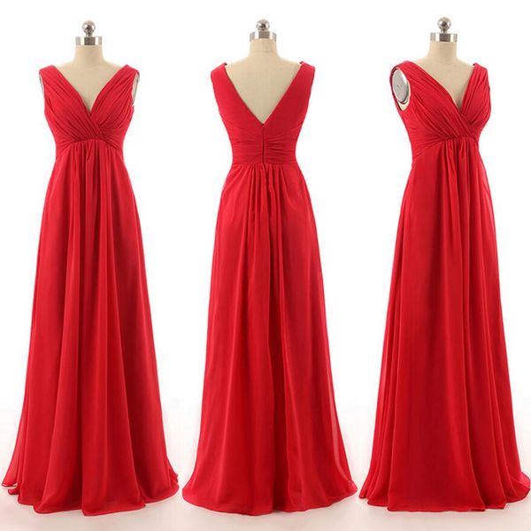 Império decote em v bonita longa da dama de honra vestidos de chiffon vermelho vestido de dama de honra com Ruching detalhe assoalho-comprimento