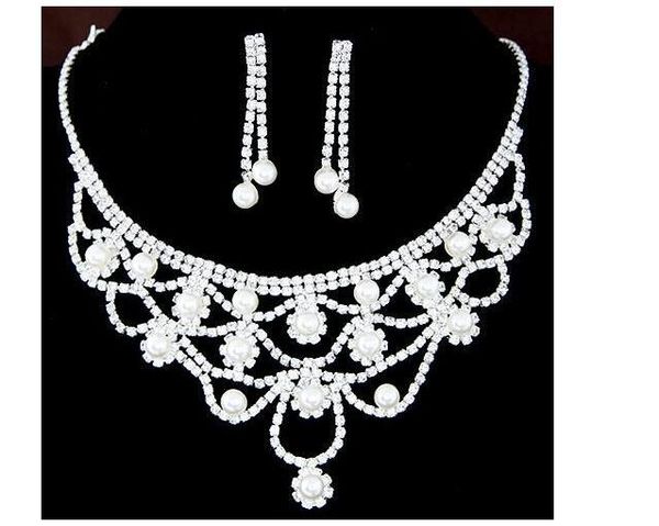 

2 sets imitation pearls fashion shiny rhinestone necklace earrings dangle set short necklace bridal set jewelry sets bride jewelry set 380mm, Silver