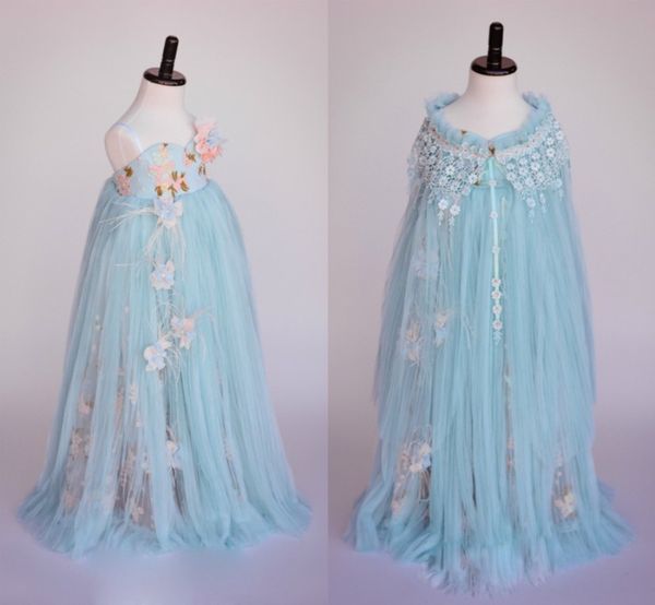 

3d floral appliques beaded flower girl dress feather girls dresses blue tulle communion gowns with wraps, White;blue
