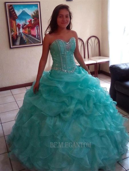 2017 Novo em Estoque Sexy Mint Azul e rosa Quinceanera Vestidos Vestido de Bola com Lantejoulas de Ramíferas Frisadas Sweet 16 Vestidos de Festa de Festa BM77