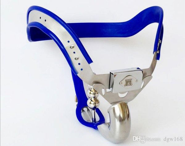 Modelo masculino-T Plus Dispositivo de cinto de castidade azul de aço inoxidável ajustável Gaiola de galo totalmente fechada com furo para urinar BDSM + plug Brinquedo sexual