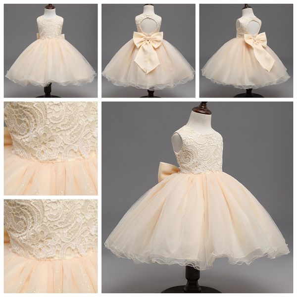 Mädchenkleid beige, Baby-Hochzeitskleider, Spitzen-Tutu-Röcke für Kinder, rückenfreies Partykleid, Kinder-Abschlussball, Faltenrock, Kinderkleid