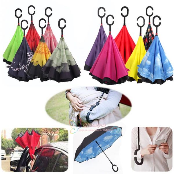 

windproof reverse folding double layer inverted umbrella c hook hands umbrellas for wholesale car umbrella parasol umbrella la358