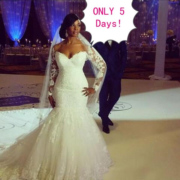 

stunning plus size mermaid wedding dresses trumpet sweetheart illusion lace appliques long sleeved bridal gowns with train, White