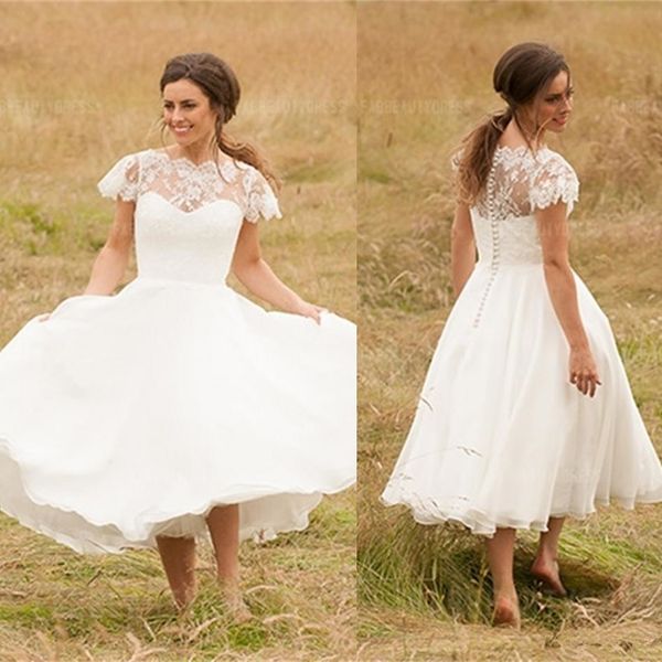 

кружева жаркое лето пляж короткие свадебные платья линии cap рукава шифон новый 2019 свадебные платья современные сад чай длина аппликации с, White