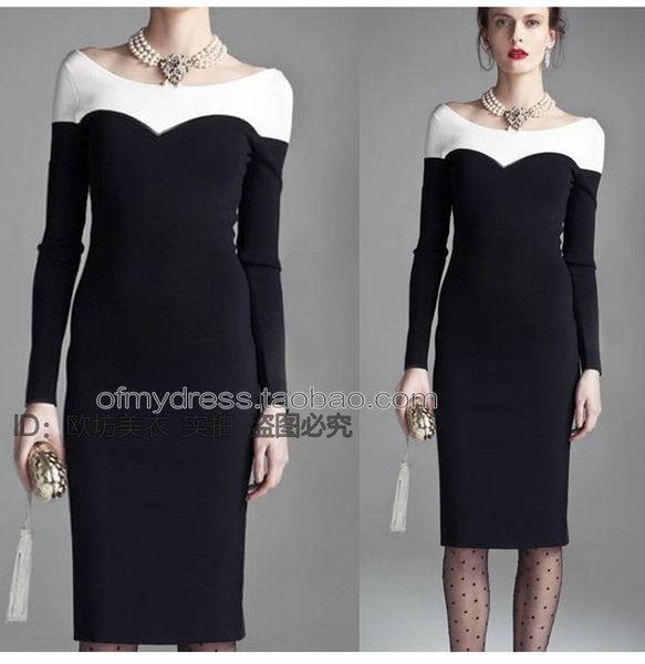 

весна и осень европейский стиль хепберн платье с длинными рукавами черно-белое лоскутное сексуальное плюс размер вязание bodycon платье, Black;gray