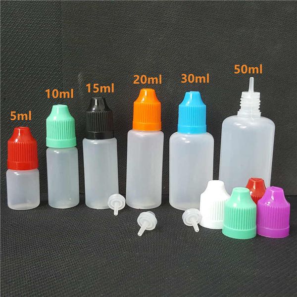 

plastic bottles 5ml 10ml 15ml 20ml 30ml 50ml empty pe soft needle dropper with childproof caps for vape e cig liquid oil e-cigarette juices