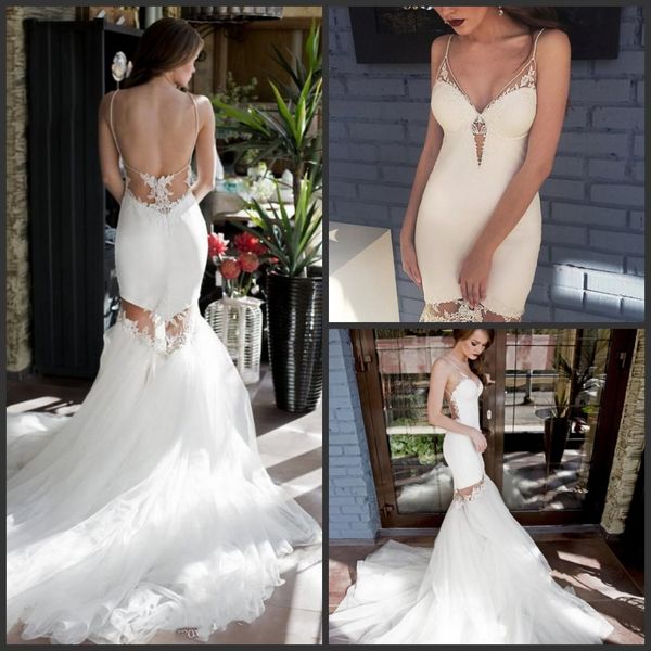 

2019 new backless mermaid wedding dress short spaghetti straps lace appliques bridal gowns detachable tulle skirt wedding dresses 437, White