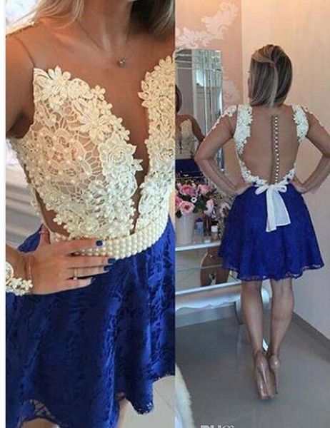 

short royal blue long sleeve formal homecoming dresses lace applique crew neck tulle satin a-line knee length cocktail party gowns, Blue;pink