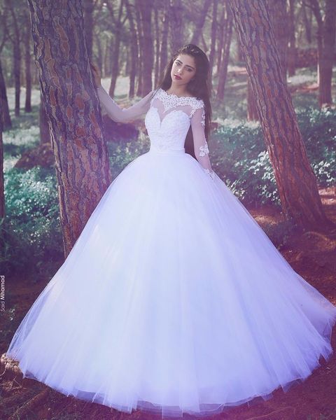 

vestidos de casamento 2017 белая лодка шеи с длинными рукавами аппликации придворного поезда тюль свадебные платья vestido de noiva, White