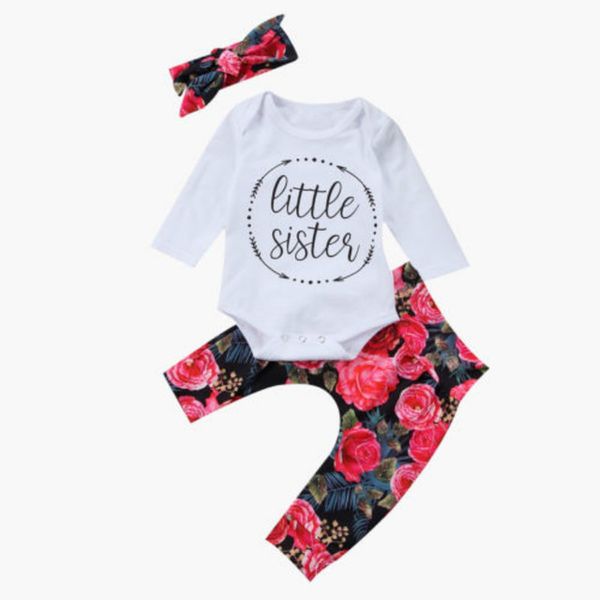 

cute baby girls clothes set little sister letter romper+black peorry pants+headband 3pcs outfits children clothing sets autumn boutique, White