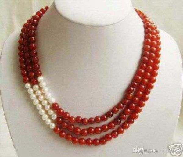 

superb 3 rows 8mm red ruby and white pearl necklace, Silver