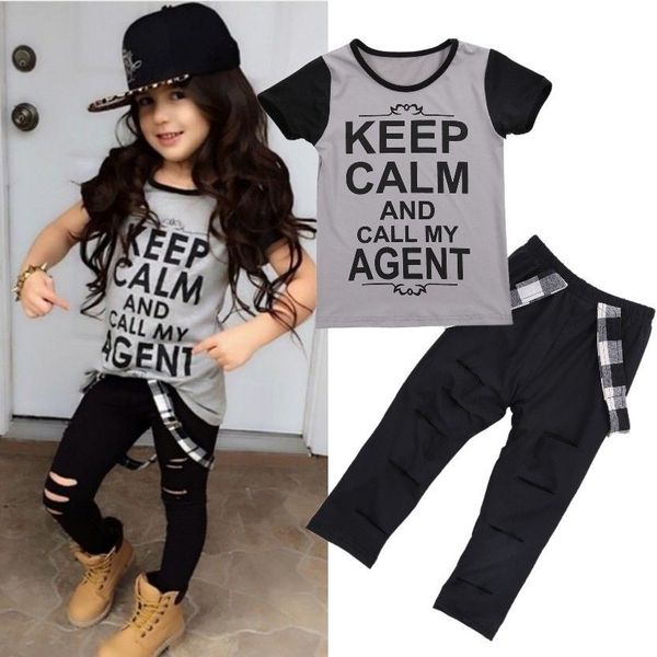 

2017 2PCS Fashion Kids Clothes Baby Cool Girls Top Letter T-shirt + Pants Leggings Outfits Clothes Age 2-7Y