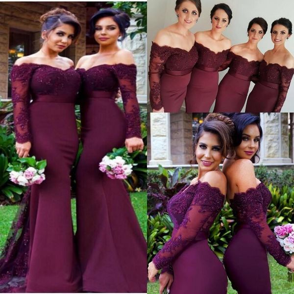 

2017 burgundy and maroon off houlder mermaid bride maid dre e long leeve lace applique cu tom made bride maid wedding dre