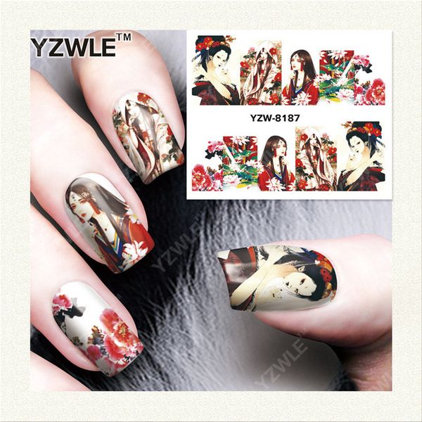

wholesale- yzwle 1 sheet diy decals nails art water transfer printing stickers accessories for manicure salon yzw-8187, Black