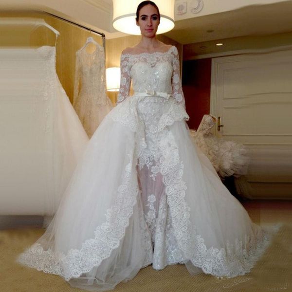 

2021 custom made size convertible cap sleeve white wedding dresses with overskirt lace appliques slit front bride gowns designer