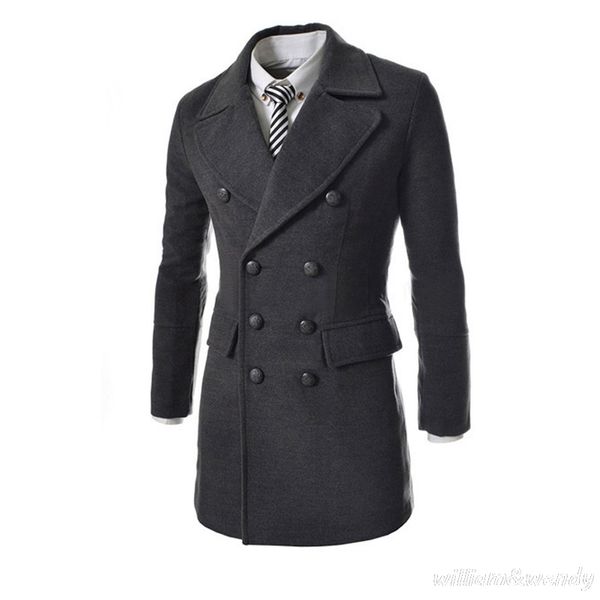 

wholesale- men slim wool blend peacoat autumn winter warm double breasted jacket cashmere down coat male classic black long overcoat