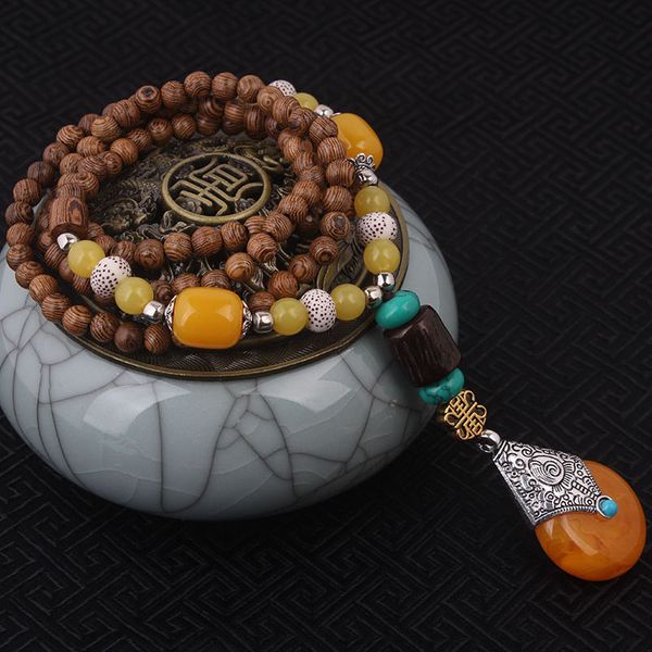 

wholesale-evade synthesis beewax ethnic necklace, turquoise vintage jewelry,handmade sanwood buddha beads chalcedony vintage necklace, Silver