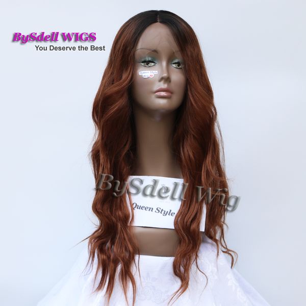 Two Tone Black Root Ombre Brown Color Wig Synthetic Medium Length