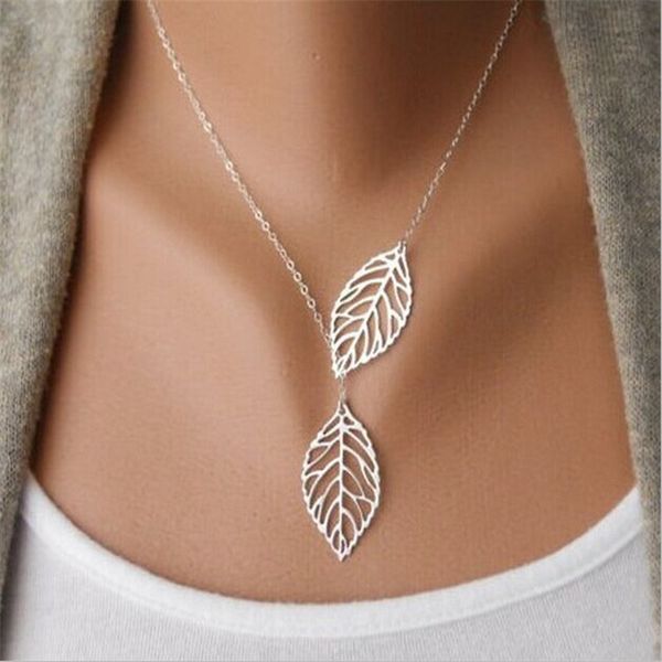 

vintage punk silver gold color hollow two leaf pendant necklace for women chunky statement chain necklaces charm jewelry gold pendants