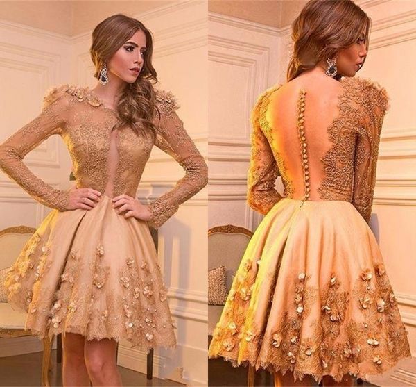 Gold Lace Sleeves Longo Mini Prom Vestidos 2023 Aplique de Moda de Luxúria Sexy Flores Sushoras Cocktails Strackless Vestidos Sem Chaves