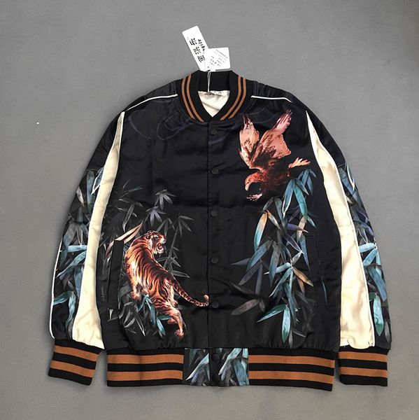 

wholesale- eagle&tiger printing designer bomber jackets kpop rockstar stage uniform mens 2016 new satin fabrics stand collar varsity jacket, Black;brown