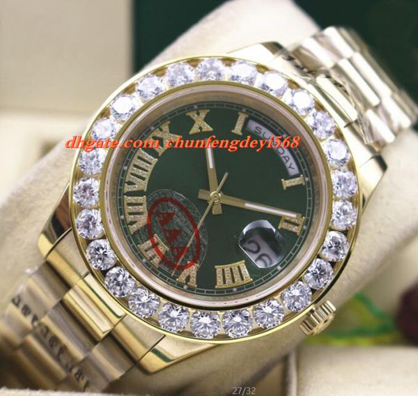 Moda de Luxo Incrível Mostrador Verde Mens 2 II 18 k 41 MM Amarelo Ouro Maior Diamante Cerâmica Bezel Movimento Automático Dos Homens Relógios