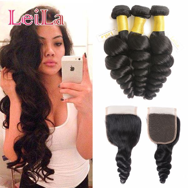 

loose wave hair brazilian hair weave 3 bundles with lace closure hair extensions part lace closures, Black;brown