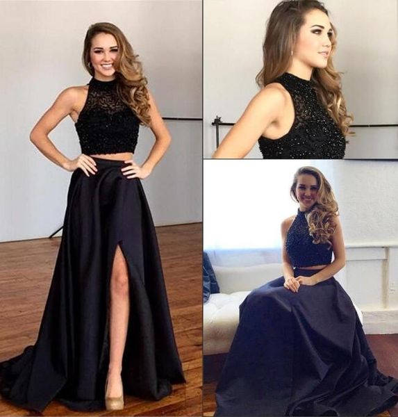 

prom dresses beaded rhinestones satin split floor length evening dresses, Black