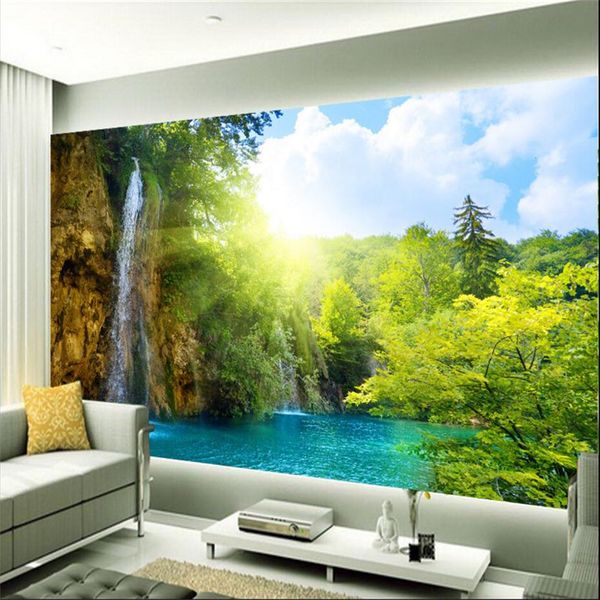 Großhandel – Individuelle Fototapete, Wasserfall, malerischer See, Resort, Morgensonne, Hintergrund, großes 3D-Wandbild für Wohnzimmer