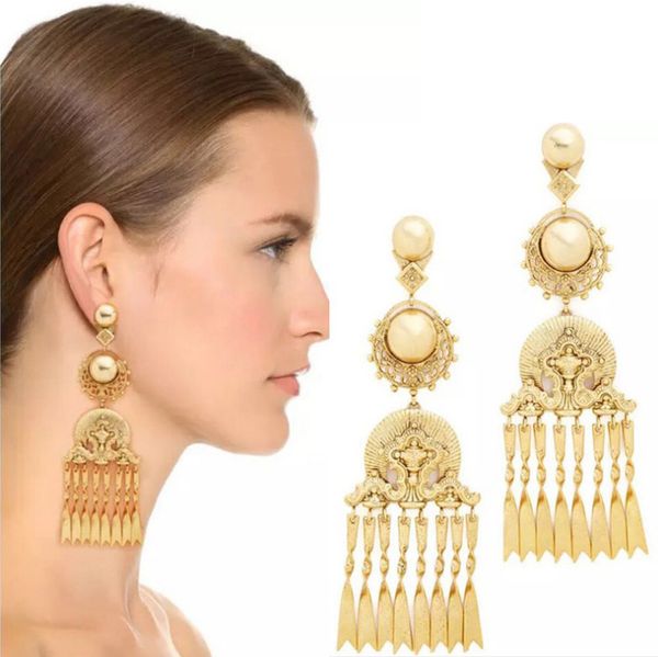 

new baroque pearl drop earrings for women vintage jewelry matte gold carving dangle earrings chain tassel pendant earrings, Silver