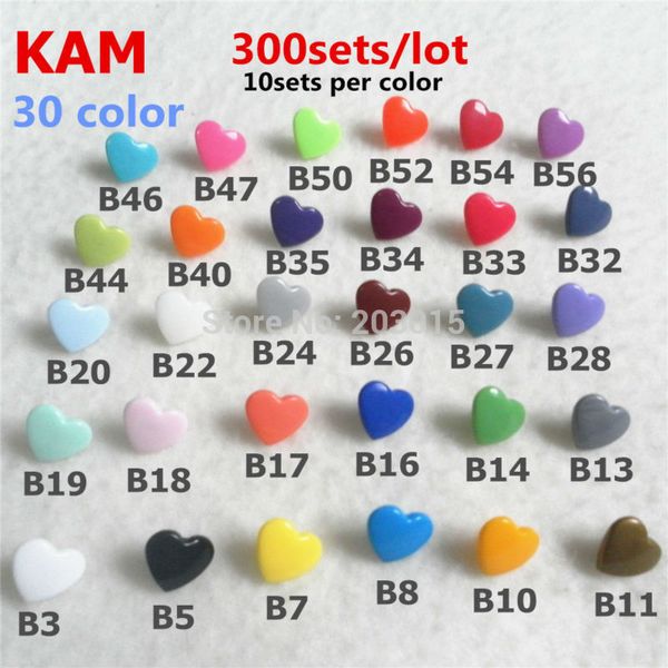 

wholesale-( 30 color ) 300sets t5 size 20 heart shape original glossy kam brand plastic snap button snaps fastener