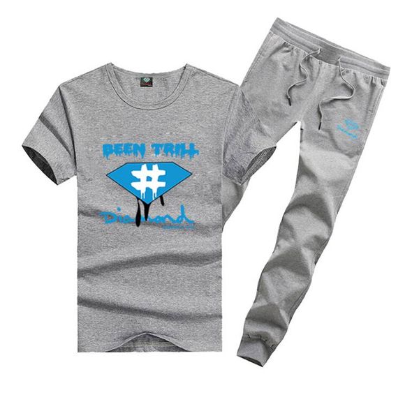 

d141 s-5xl new men print leisure diamond supply o-neck casual letter t-shirt +pants tracksuits, Gray