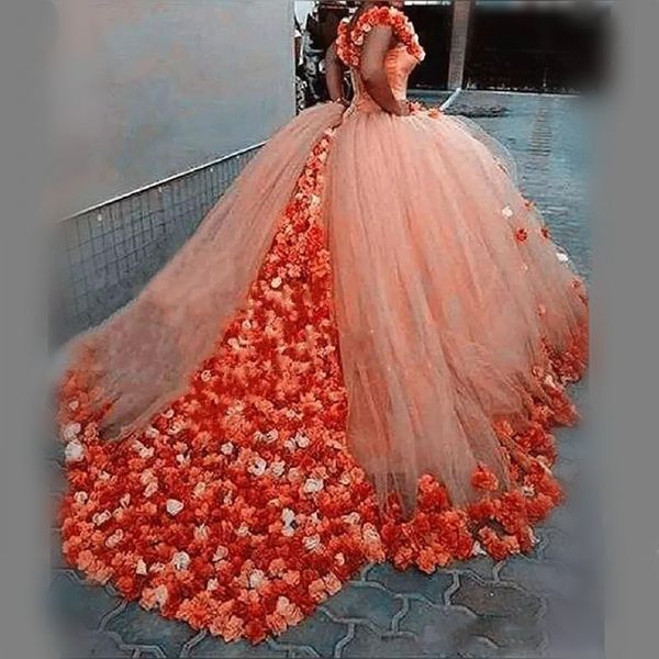 Abiti da sposa con abiti da ballo di colore arancione 2018 Primavera Estate con spalle scoperte Abiti da sposa con applicazioni floreali 3D Sweep Train Abiti da sposa