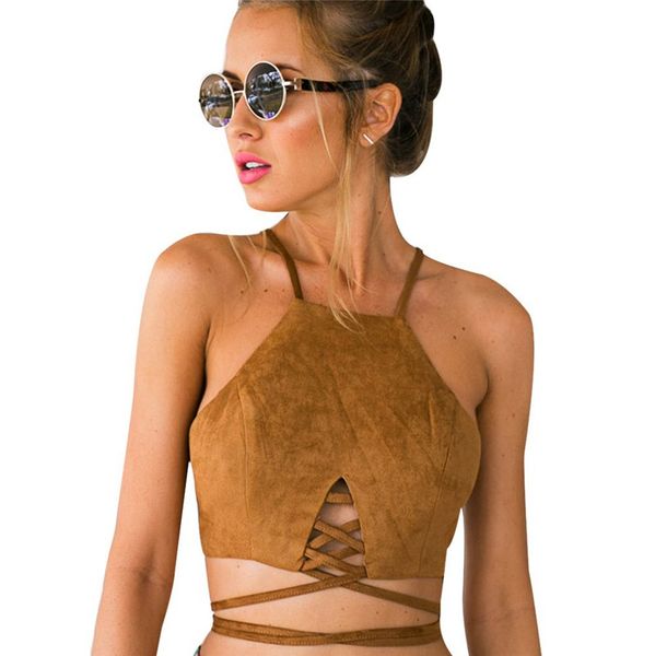 

wholesale-summer women vintage brown leather suede cropped tank lace up bustier camis lady slim cami party crop vest, White