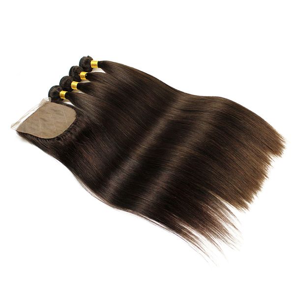 

4 Bundles With Silk Base Closure Silky Straight Human Hair Extensions Darkest Brown Brazilian Remy Human Hair Weave