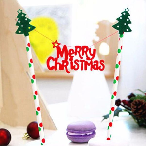 

wholesale- 1pcs merry christmas theme pastry flag with paper straw cake er happy new years for birthday christmas decoration supplies